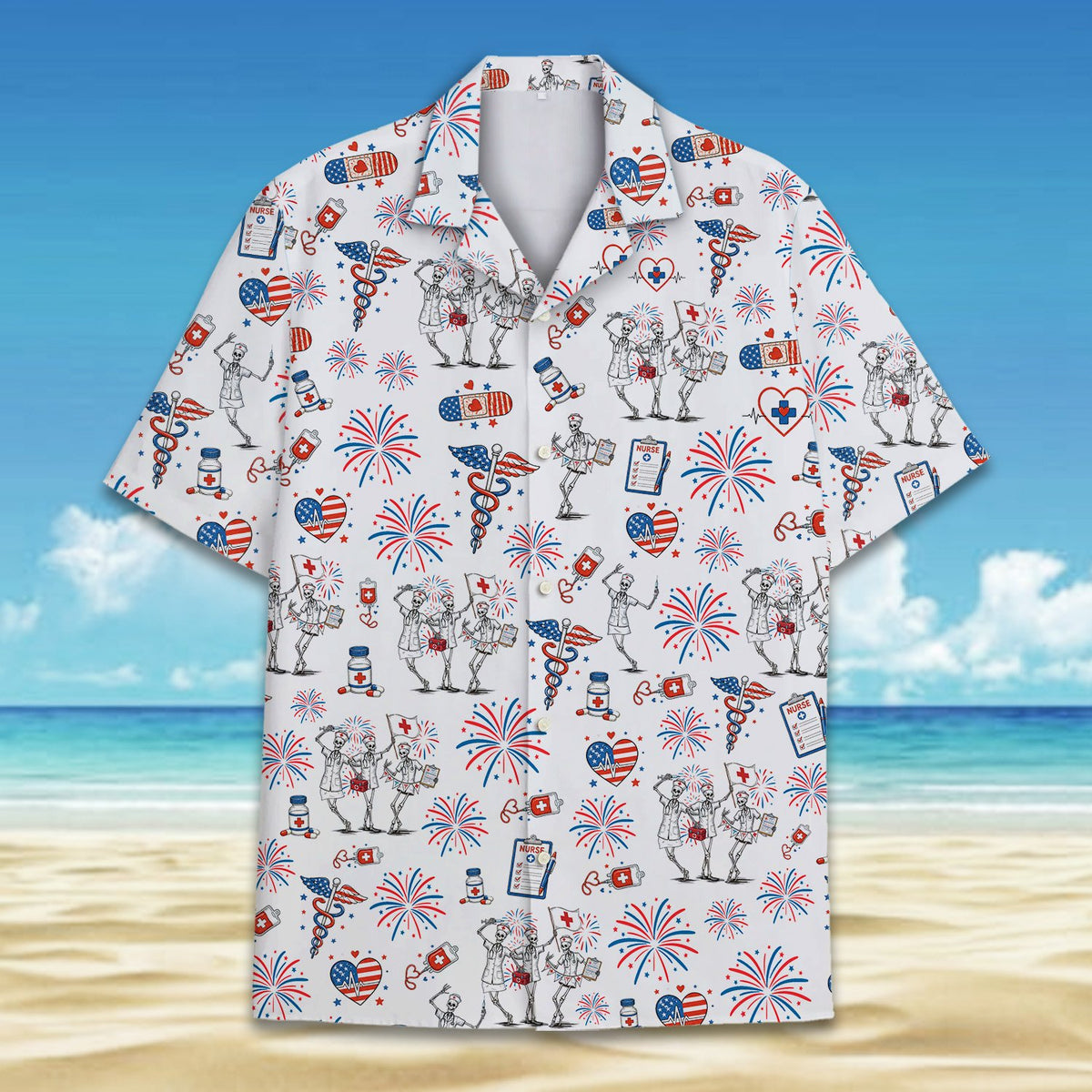 Another front view of the white patriotic hawaiian shirt