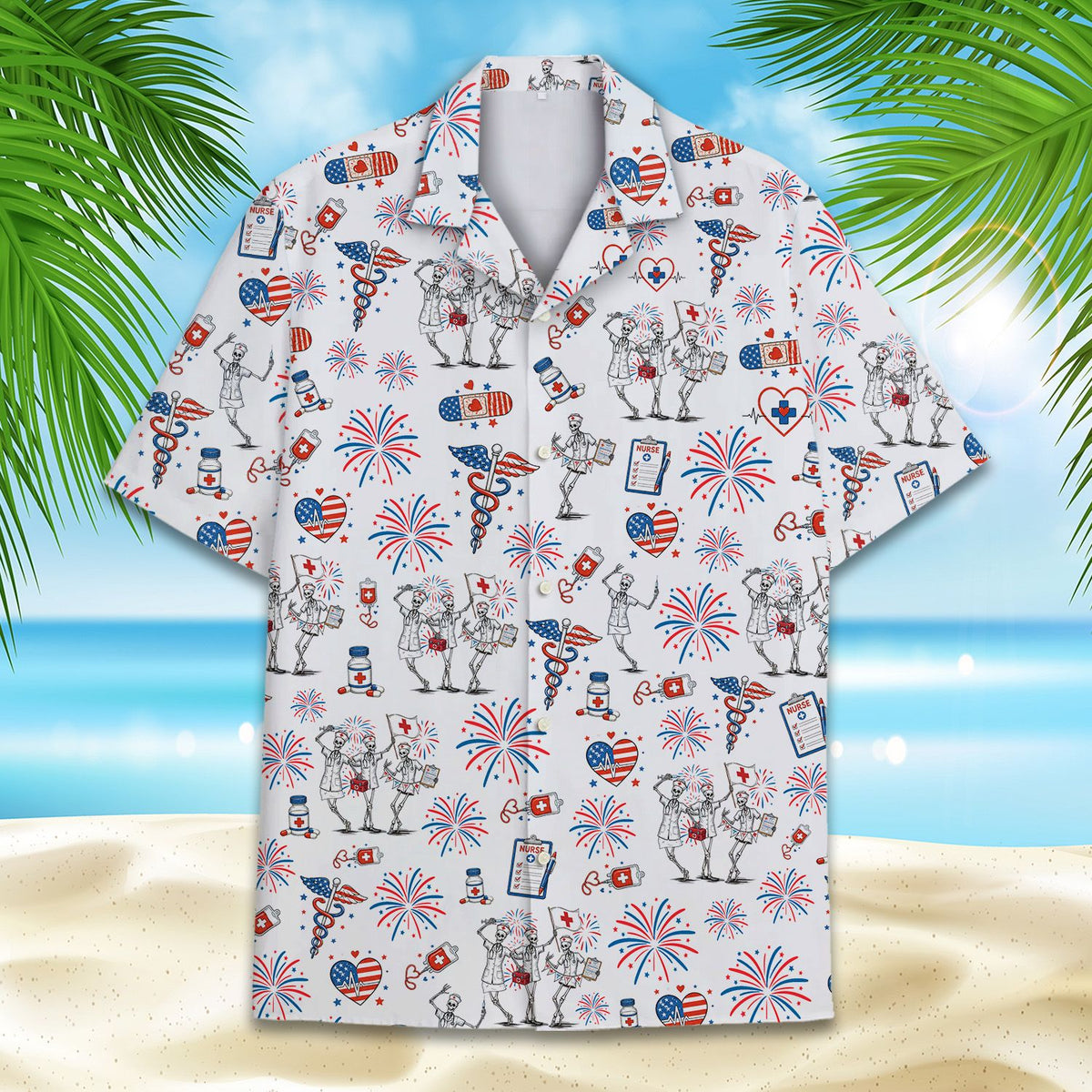 Detailed front view of the fourth of july hawaiian shirt