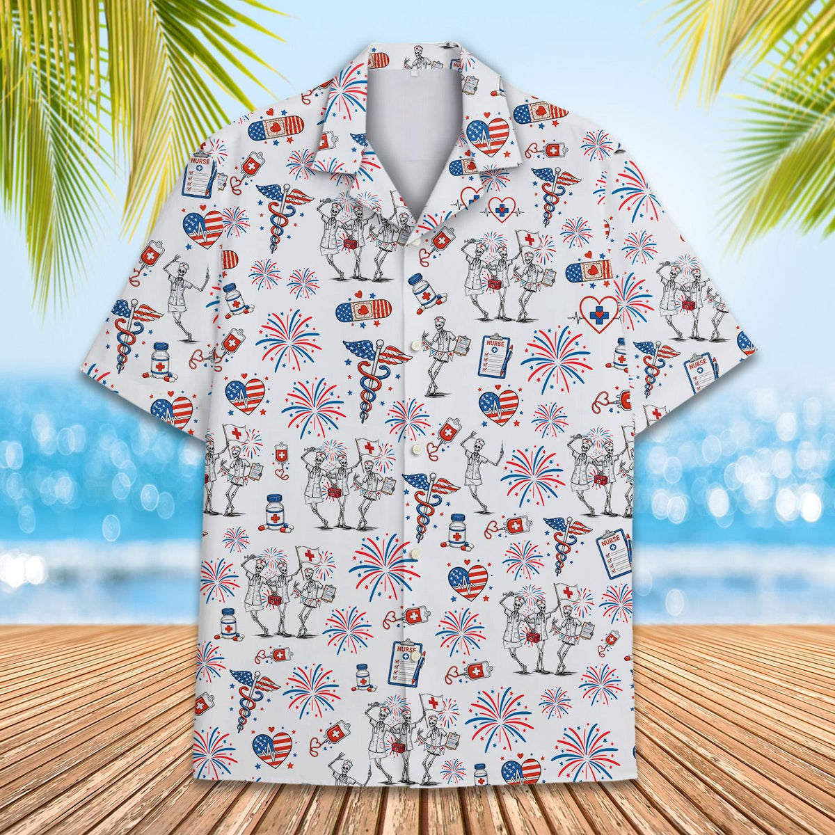 Front view of the patriotic nurse hawaiian shirt featuring skeleton nurses and fireworks