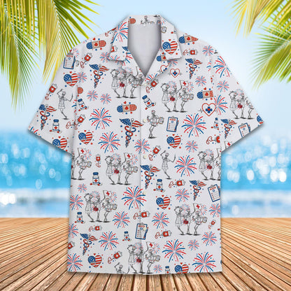 Front view of the patriotic nurse hawaiian shirt featuring skeleton nurses and fireworks