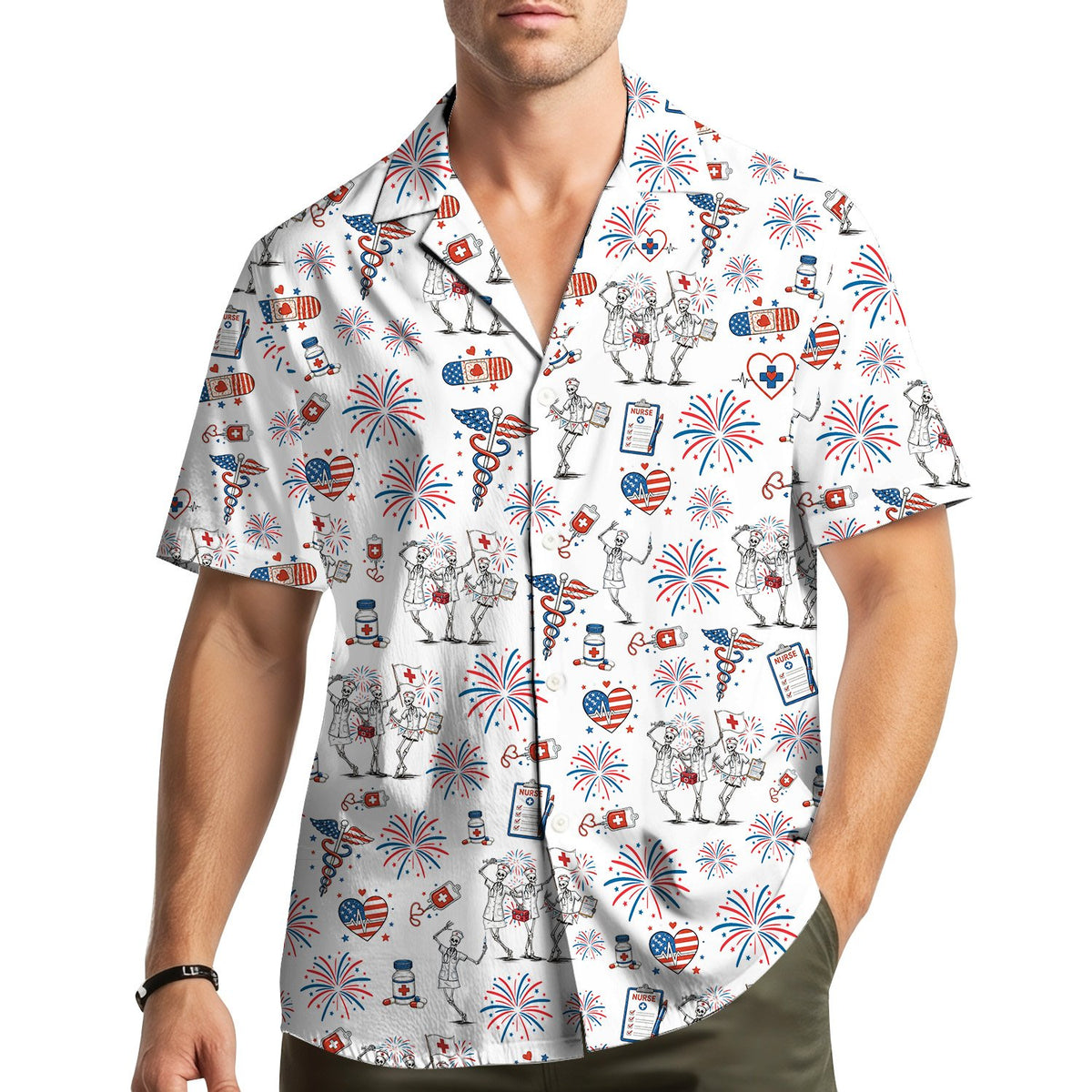 Lifestyle view of the patriotic nurse hawaiian shirt being worn