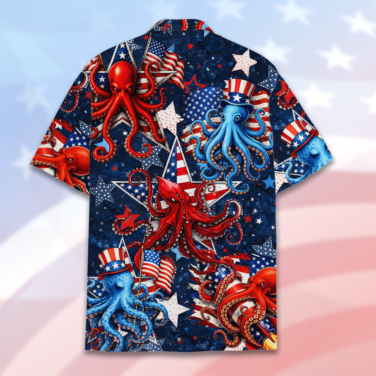 Alternate back view of the dark blue octopus hawaiian shirt
