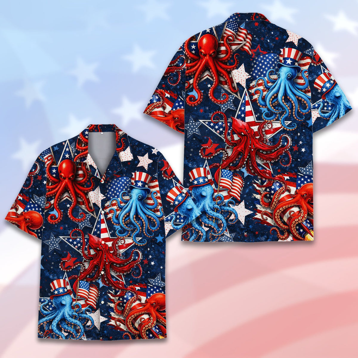 Another front view of the patriotic octopus hawaiian shirt for Fourth of July