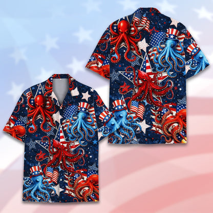 Another front view of the patriotic octopus hawaiian shirt for Fourth of July