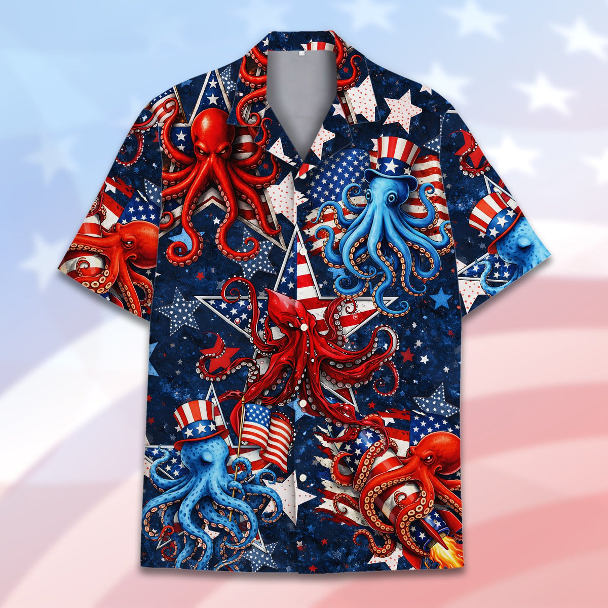 Close up front view of the polyester fourth of july hawaiian shirt pattern