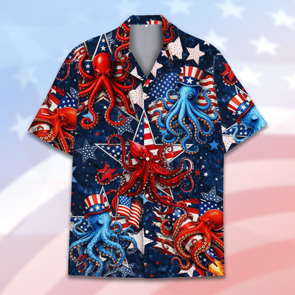 Close up front view of the polyester fourth of july hawaiian shirt pattern