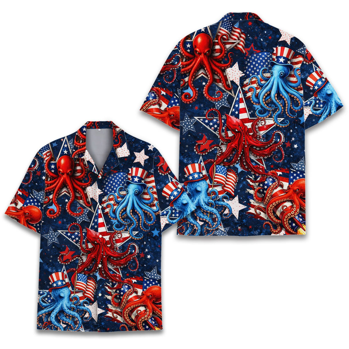 Front view of the dark blue matching family hawaiian shirt with octopuses and stars
