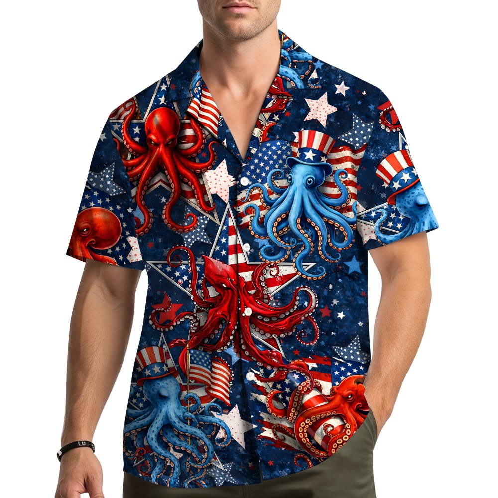 Lifestyle view of the family wearing matching family hawaiian shirts outdoors