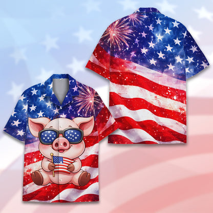Close up front view of the patriotic pig holding an American flag