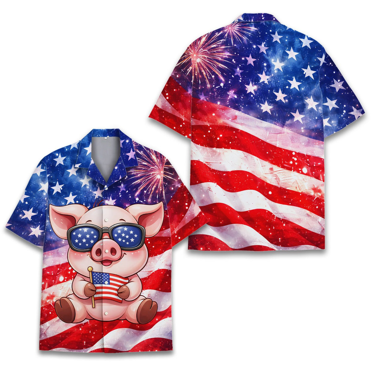Patriotic pig hawaiian shirt with fireworks and stars main view