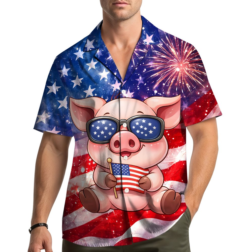 Lifestyle view of someone wearing the patriotic pig hawaiian shirt