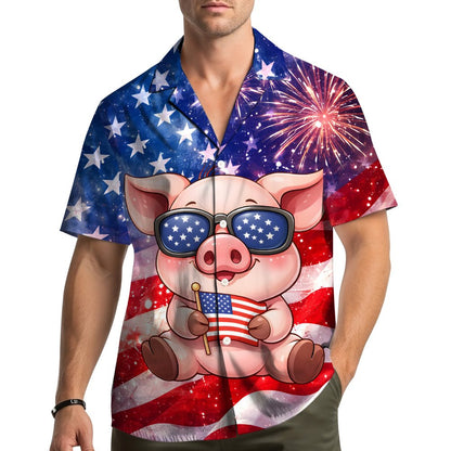 Lifestyle view of someone wearing the patriotic pig hawaiian shirt