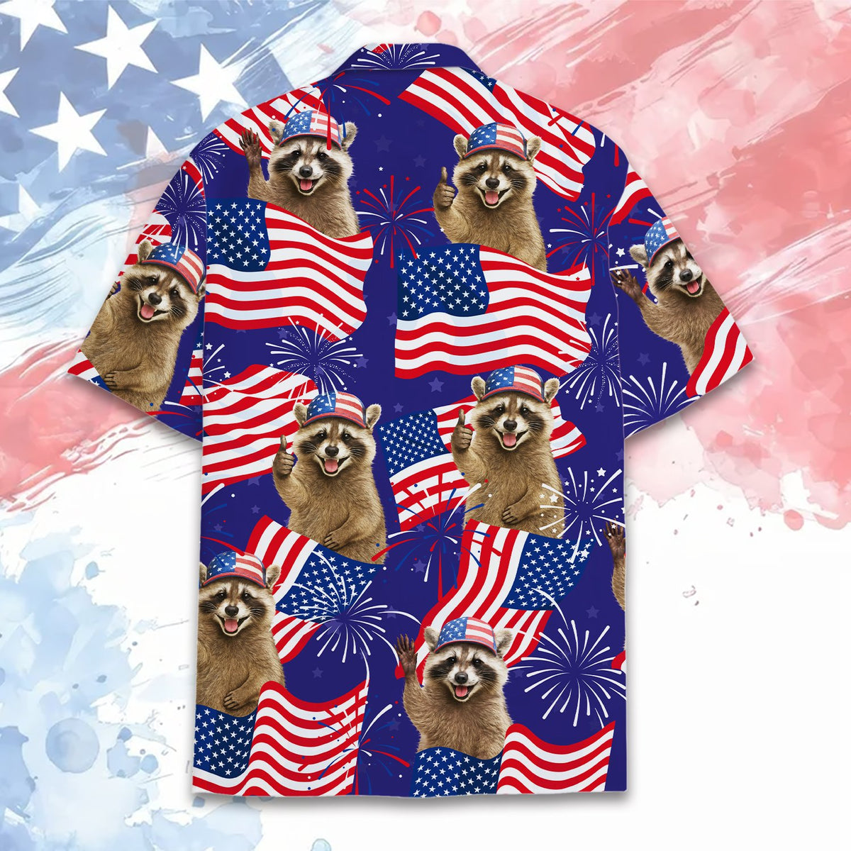 Secondary back view of the patriotic raccoon hawaiian shirt