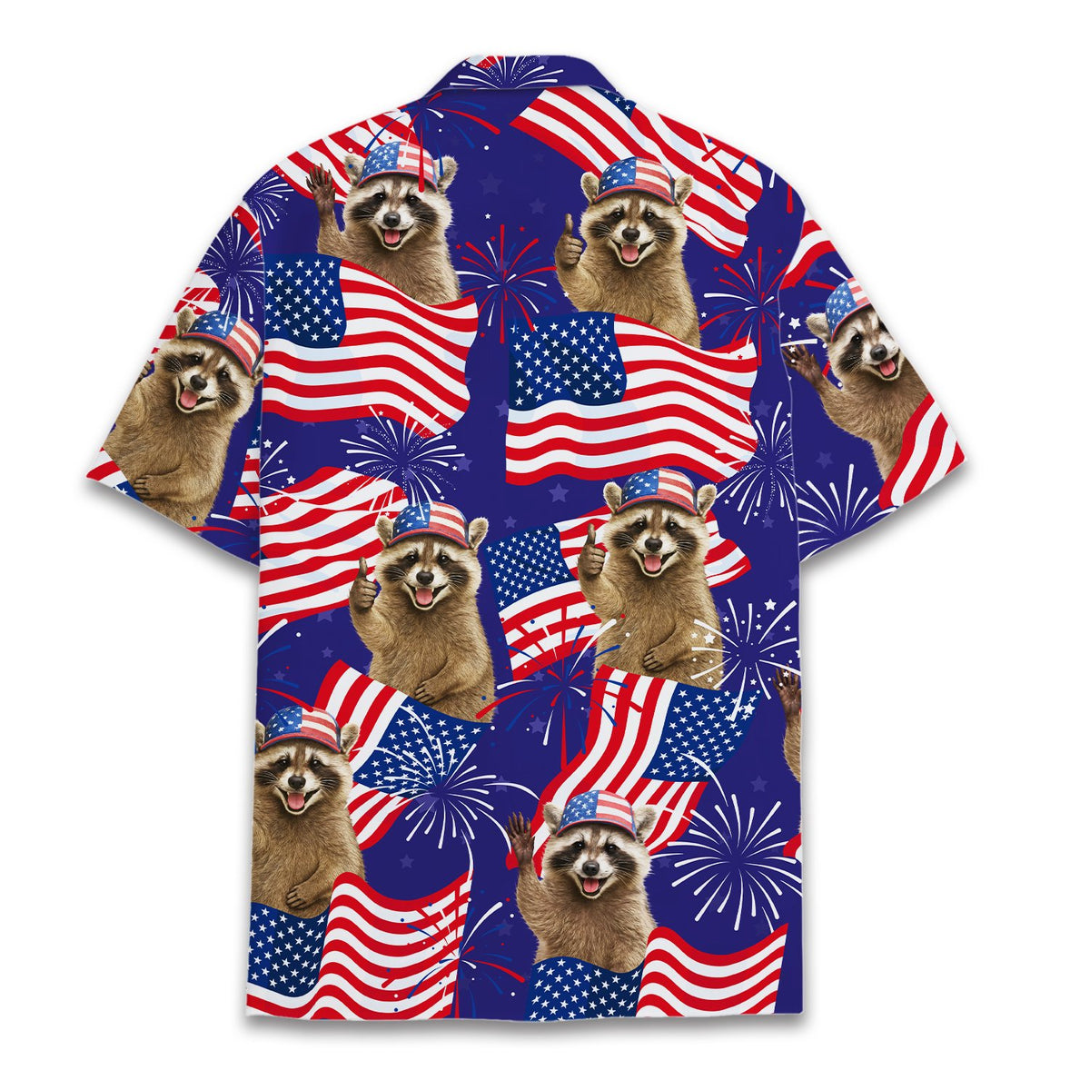 Back view of the patriotic raccoon hawaiian shirt