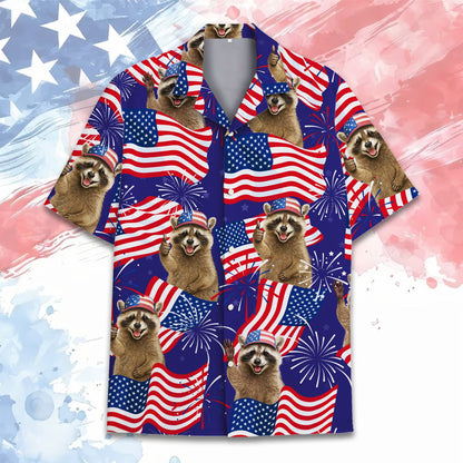 Patriotic raccoon hawaiian shirt featuring US flags and fireworks on a navy background, main view