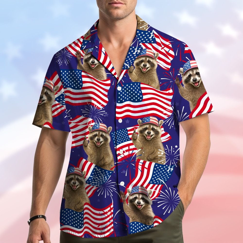Second lifestyle view showing the patriotic raccoon matching family hawaiian shirts