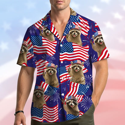 Second lifestyle view showing the patriotic raccoon matching family hawaiian shirts