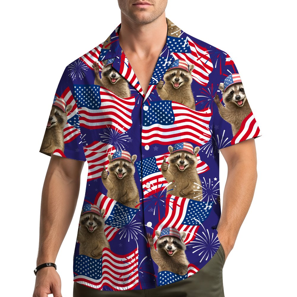 Lifestyle view of the patriotic raccoon matching family hawaiian shirts