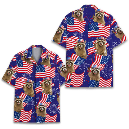 Detail view of the patriotic raccoon hawaiian shirt pattern
