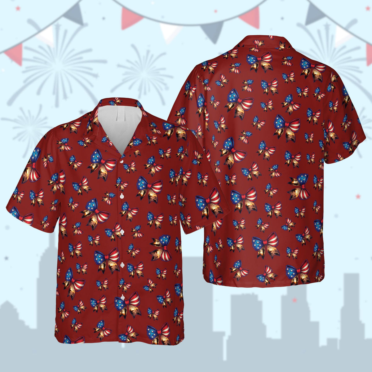 Red matching family hawaiian shirt with patriotic stars and stripes bows