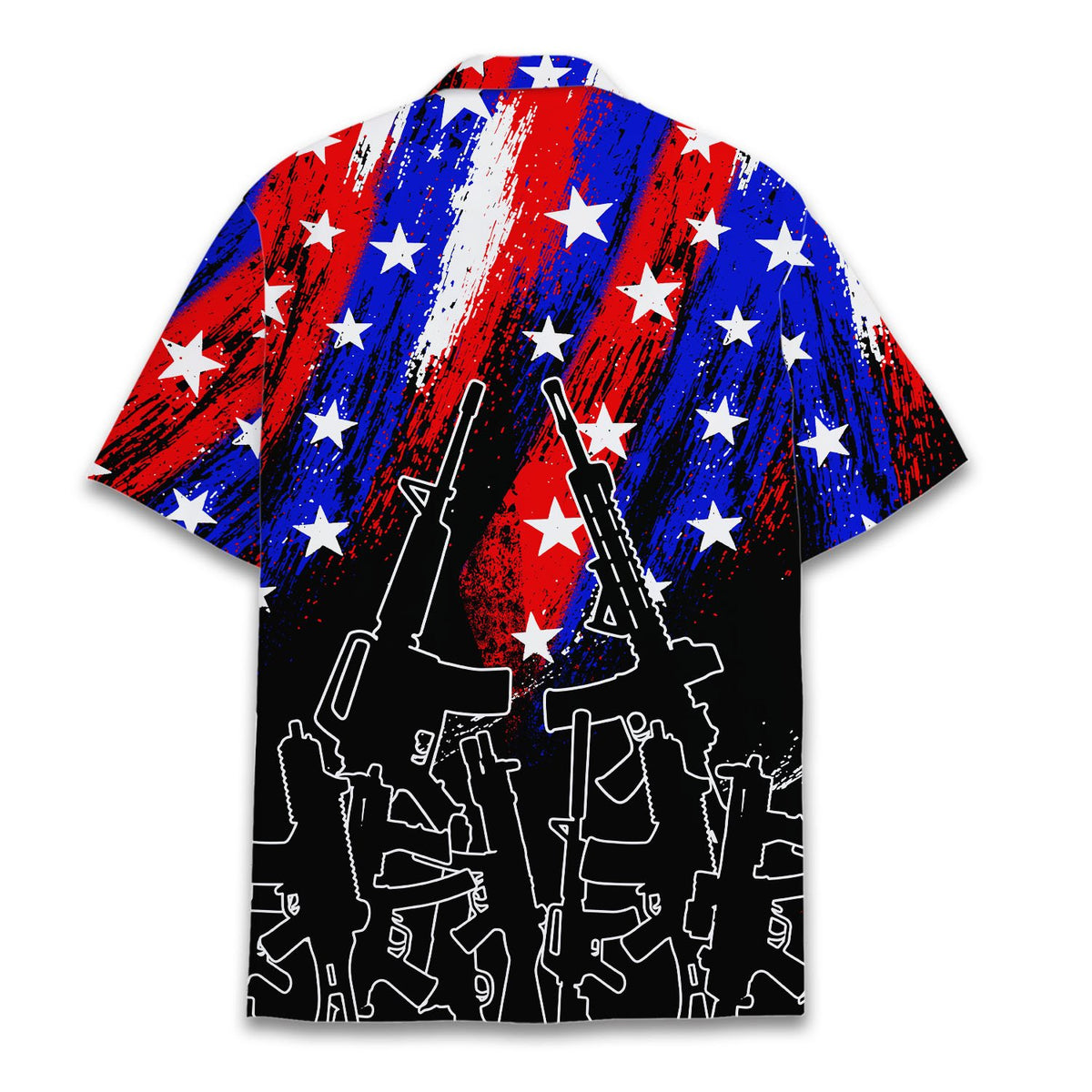 Back view of the patriotic rifles hawaiian shirt