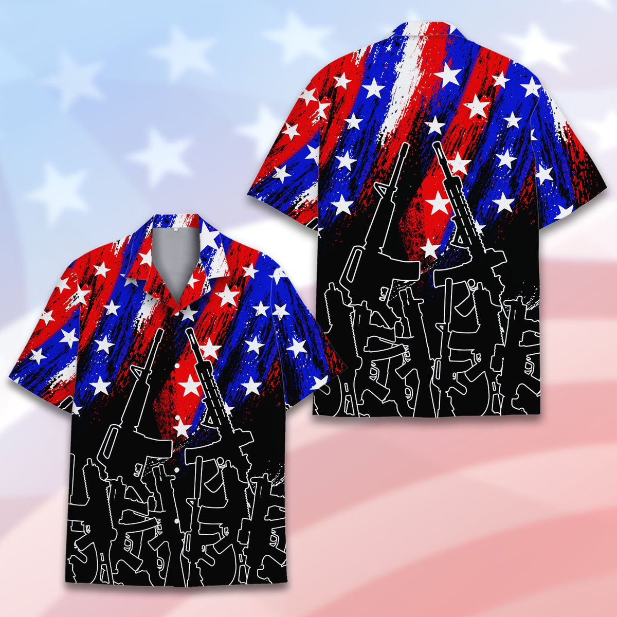 Detailed front view of the patriotic rifles hawaiian shirt