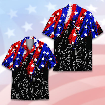 Detailed front view of the patriotic rifles hawaiian shirt