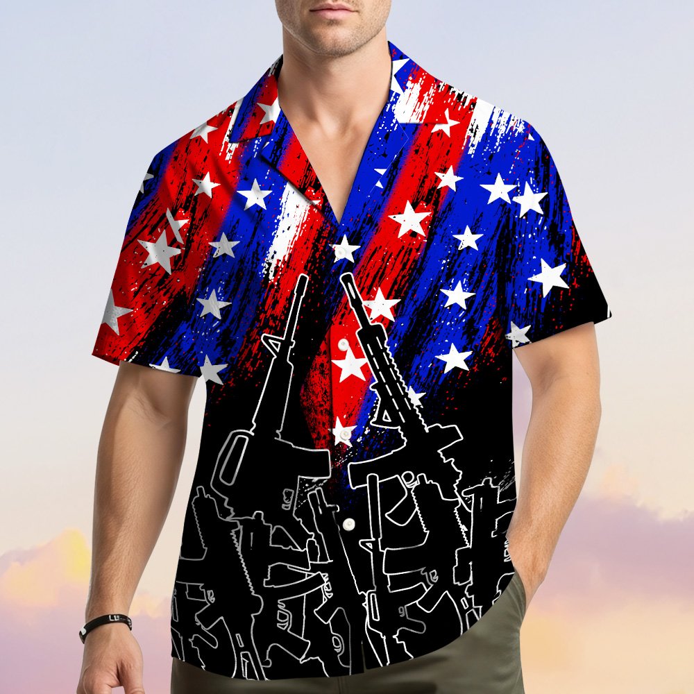Full front view of the patriotic rifles hawaiian shirt