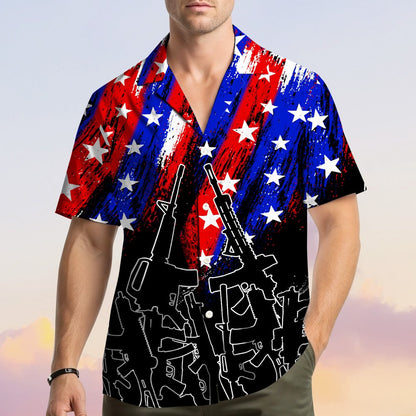 Full front view of the patriotic rifles hawaiian shirt
