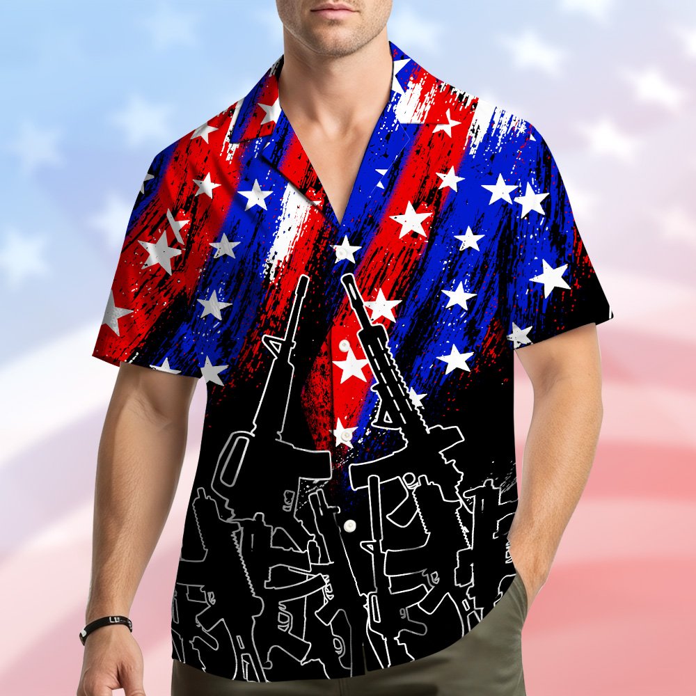 Additional front view of the patriotic rifles hawaiian shirt