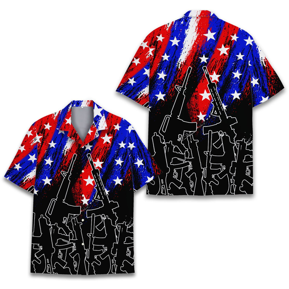 Front view of the patriotic rifles hawaiian shirt