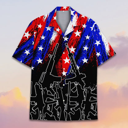 Third lifestyle view of the patriotic rifles hawaiian shirt