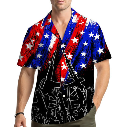 Lifestyle view of a family wearing the patriotic rifles hawaiian shirt