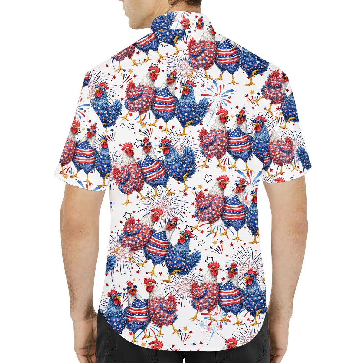 Back view of the patriotic rooster hawaiian shirt