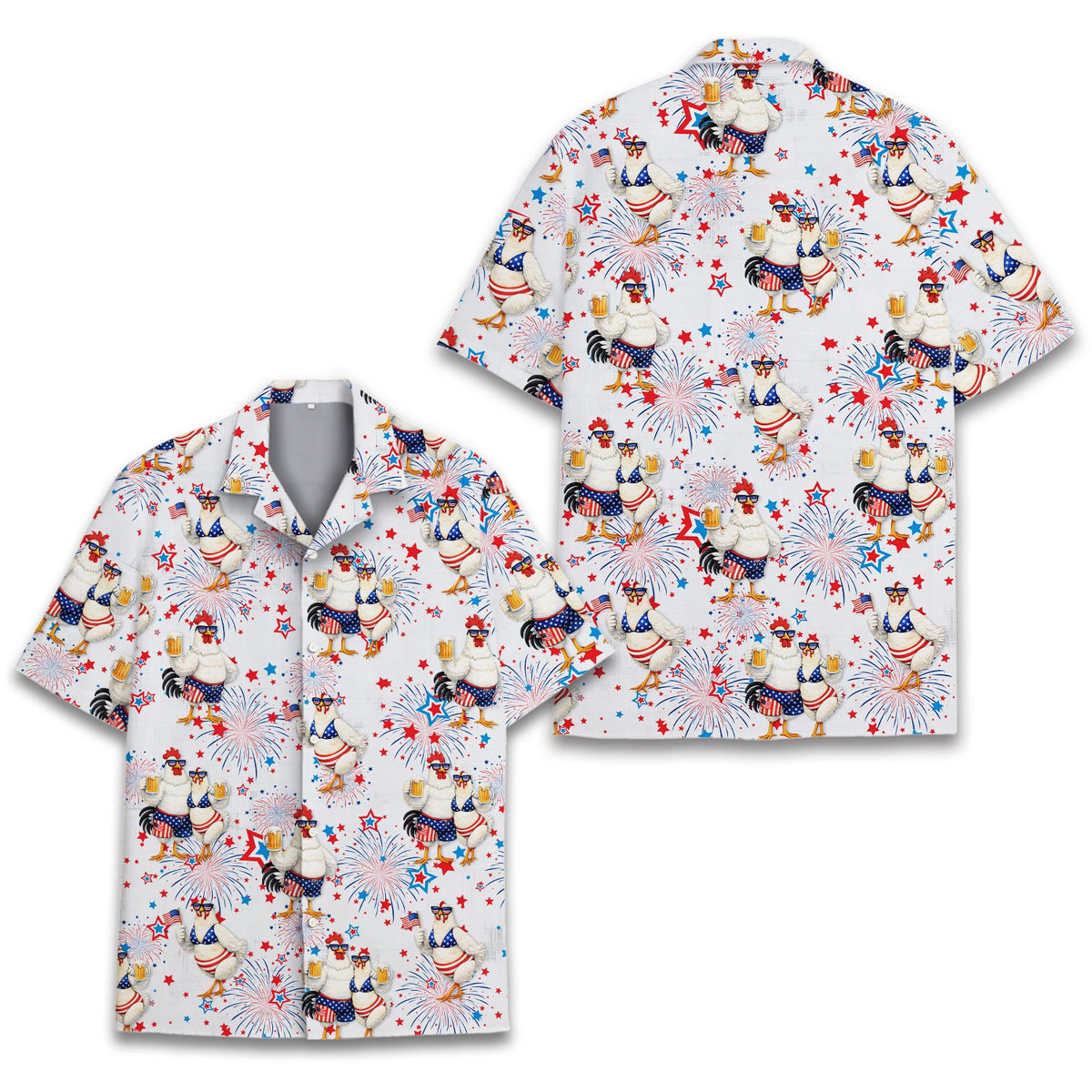 Patriotic rooster hawaiian shirt on white background, front view