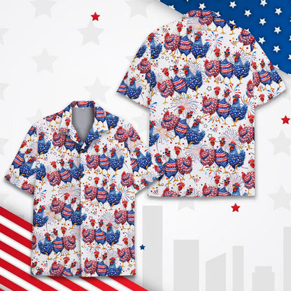 Detail view of the red white and blue rooster fabric pattern