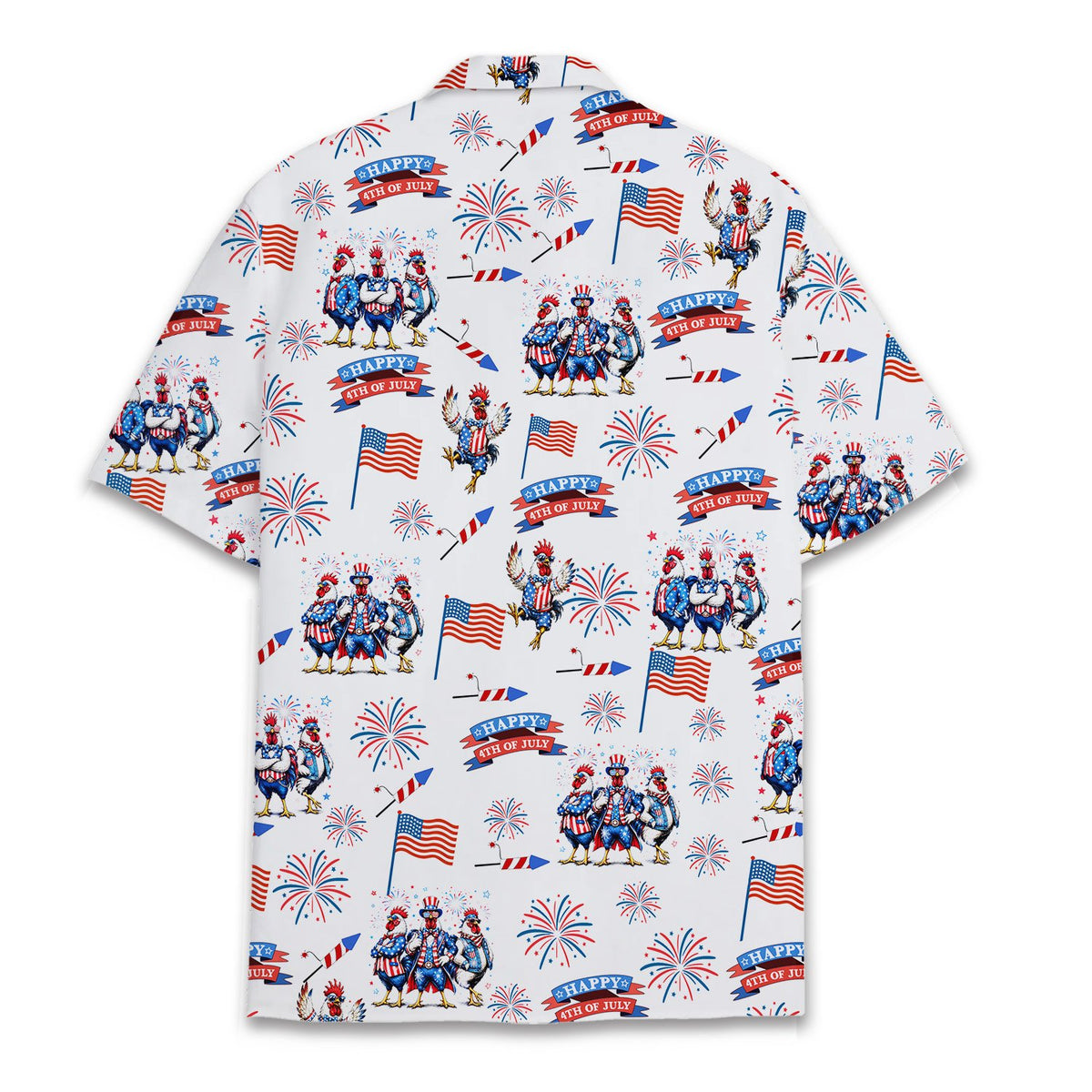 Matching family hawaiian shirt with patriotic roosters, back view