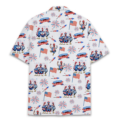 Matching family hawaiian shirt with patriotic roosters, back view