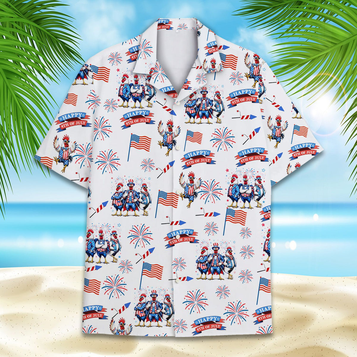 White patriotic hawaiian shirt with roosters and fireworks, front view