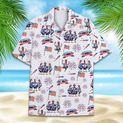 White patriotic hawaiian shirt with roosters and fireworks, front view