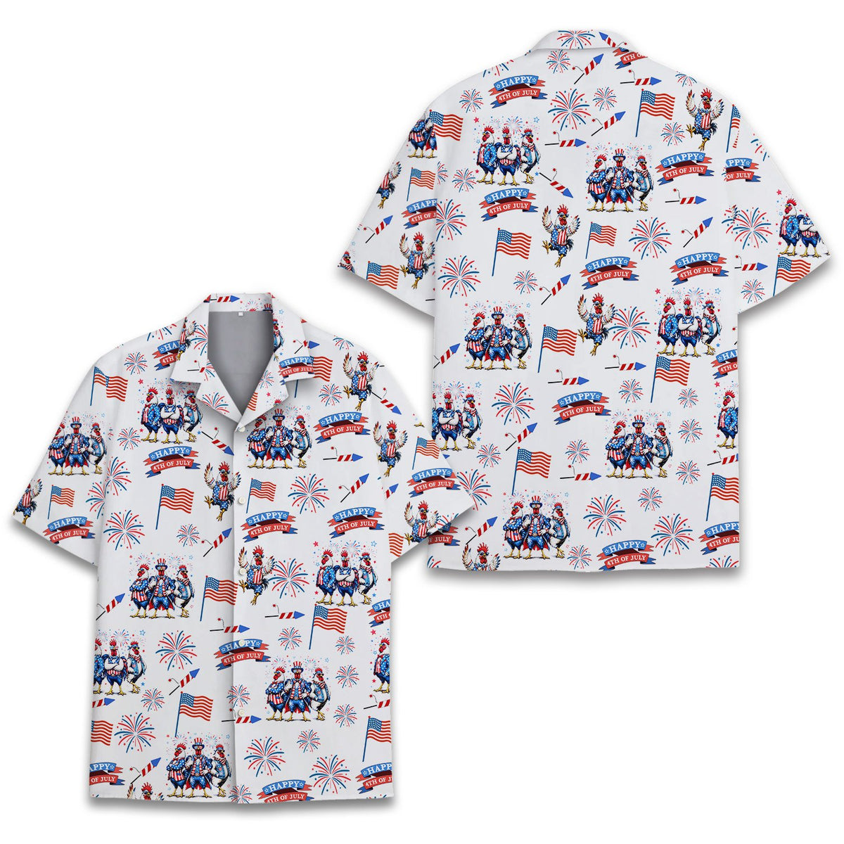 Patriotic roosters hawaiian shirt holiday design, front view
