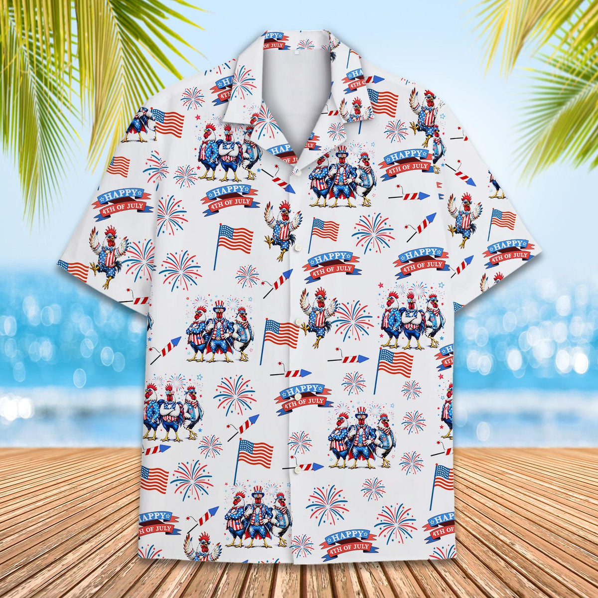 Patriotic roosters hawaiian shirt, front view