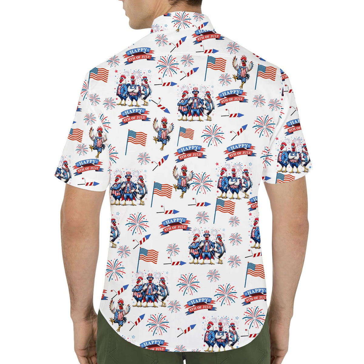 Another lifestyle view of the patriotic roosters hawaiian shirt on family
