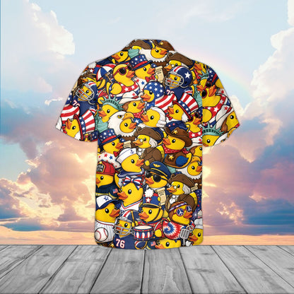 Back view of the yellow patriotic hawaiian shirt showing the dense collage of festive rubber ducks