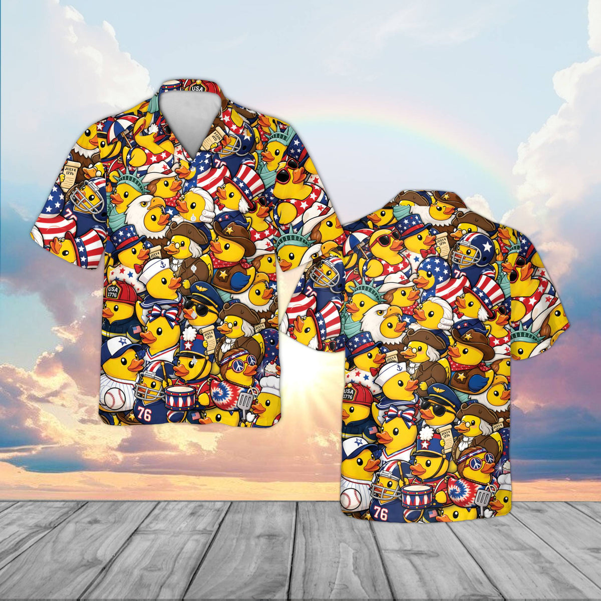 Main view of the yellow patriotic hawaiian shirt featuring an all-over rubber duck pattern