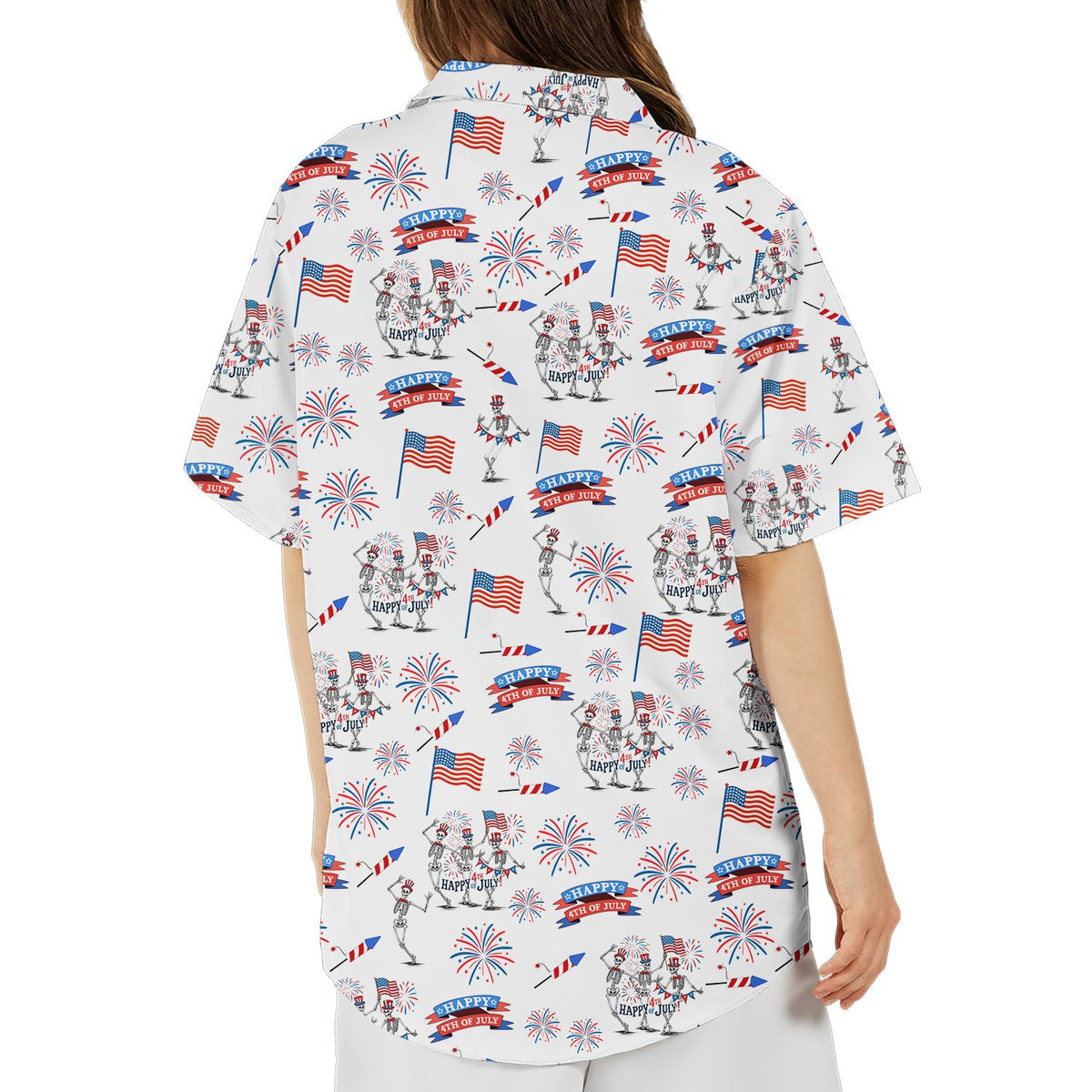 Back view of the matching family hawaiian shirts featuring a Fourth of July skeletons pattern