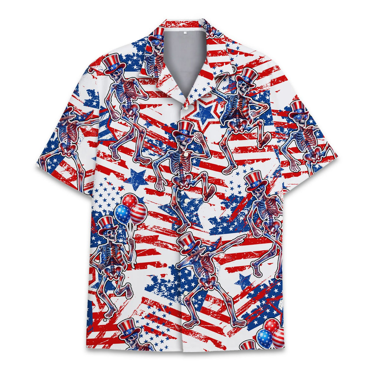 Close-up front view of the patriotic skeletons hawaiian shirt