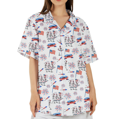 Front view of the patriotic skeletons hawaiian shirt in white with red and blue details