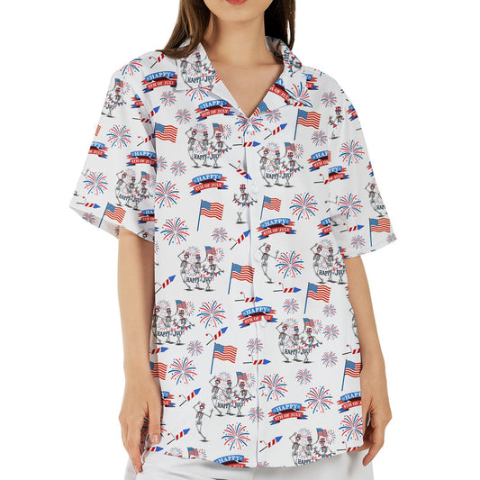 Front view of the patriotic skeletons hawaiian shirt in white with red and blue details