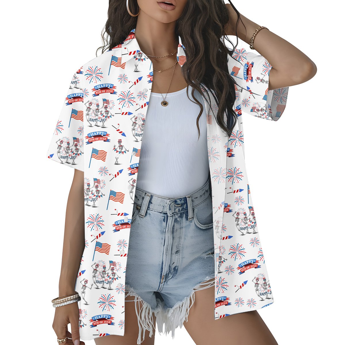 Second lifestyle view showing the family matching patriotic skeletons hawaiian shirt being worn outdoors